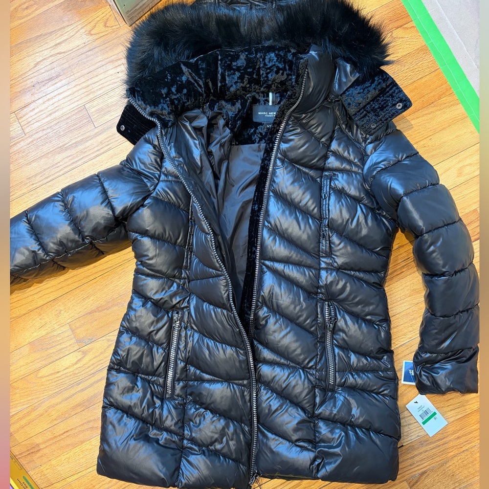 NWT Marc New York Black Fur Hooded Jacket Velvet Trim
